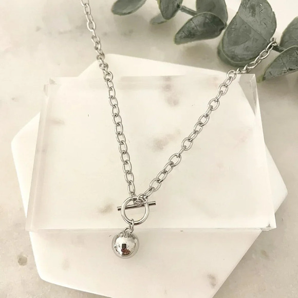 925 Sterling Silver Chunky Toggle Ball Necklace Minimalist Ball Pendant Necklace - Picture 3 of 4